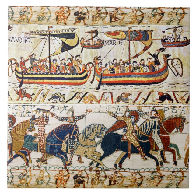 BAYEUX TAPESTRY NORMAN KNIGHTS,VIKING SHIPS,ARCHER TILE (Front)