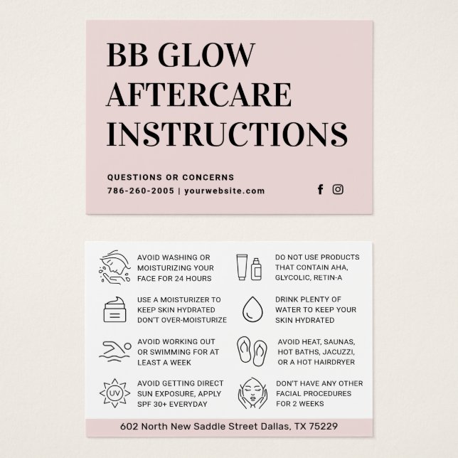 BB GLOW Facial Aftercare Instruction Card (Front & Back)