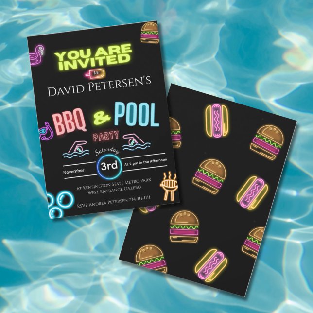 BBQ and Pool Party Neon Birthday Invitation (Creator Uploaded)