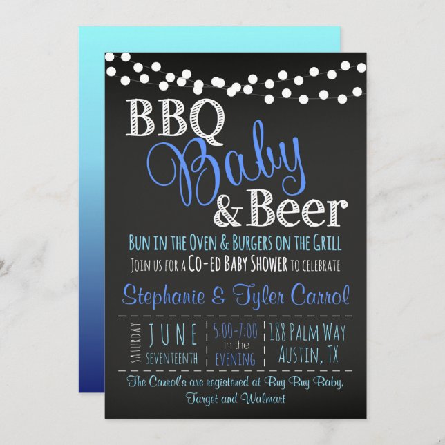 BBQ Baby and Beer Chalkboard Boy Shower Invitation (Front/Back)