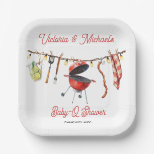 BBQ Baby-Q Baby Shower Gingham clothesline Paper Plate