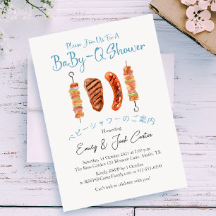 BBQ Baby Shower Babyq Steak Blue Gingham Invitation