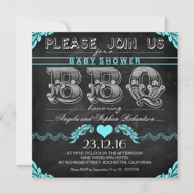BBQ baby shower black chalkboard boy invites (Front)