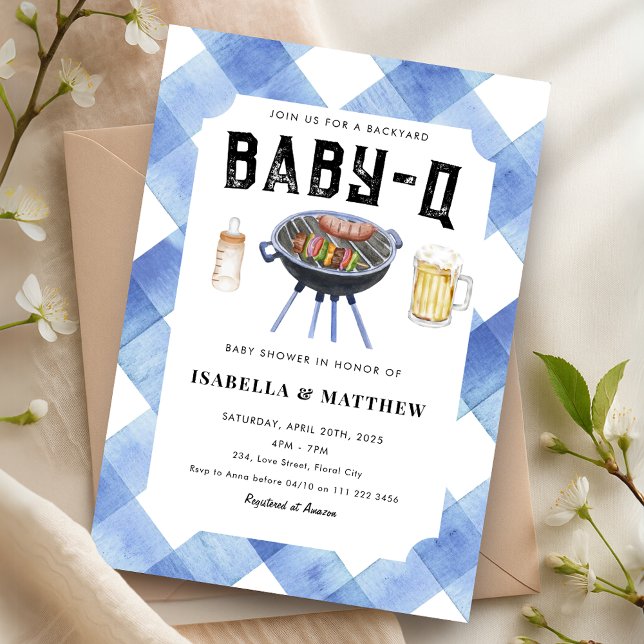 BBQ Baby Shower Blue Gingham Baby-Q Invitation (BBQ Baby Shower Blue Gingham Baby Q Invitation)