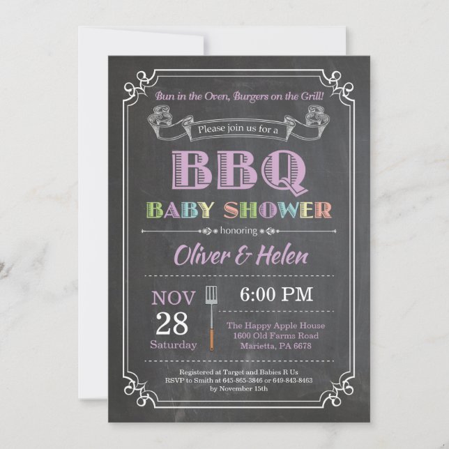 BBQ Baby Shower Invitation Chalkboard Purple (Front)