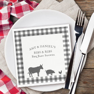BBQ Baby Shower Ribs and Bibs Vintage Grey Plaid Napkin
