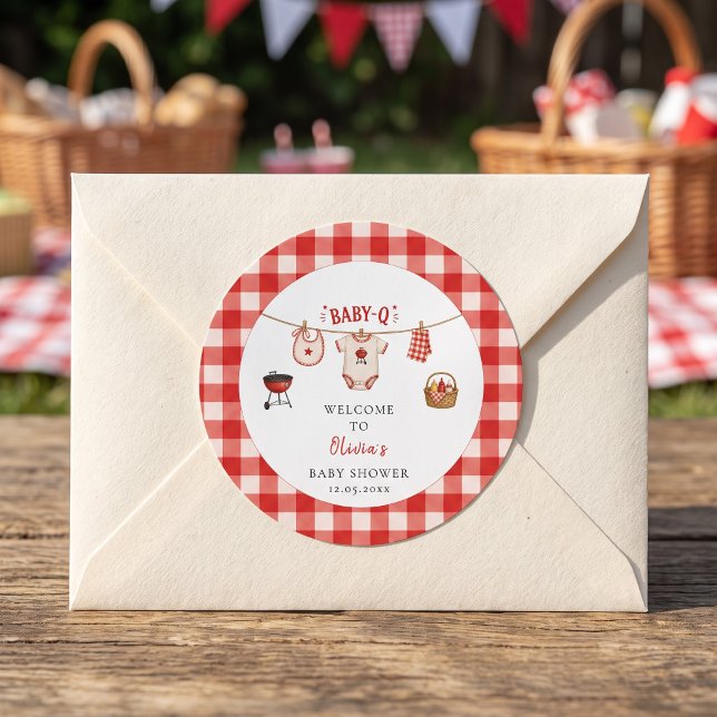 Bbq Baby Shower Rustic Red Gingham Classic Round Sticker (Bbq Baby Shower Rustic Red Gingham Classic Round Sticker)