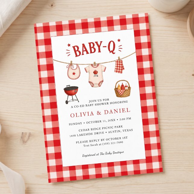 Bbq Baby Shower Rustic Red Gingham Invitation (Bbq Baby Shower Rustic Red Gingham Invitation)