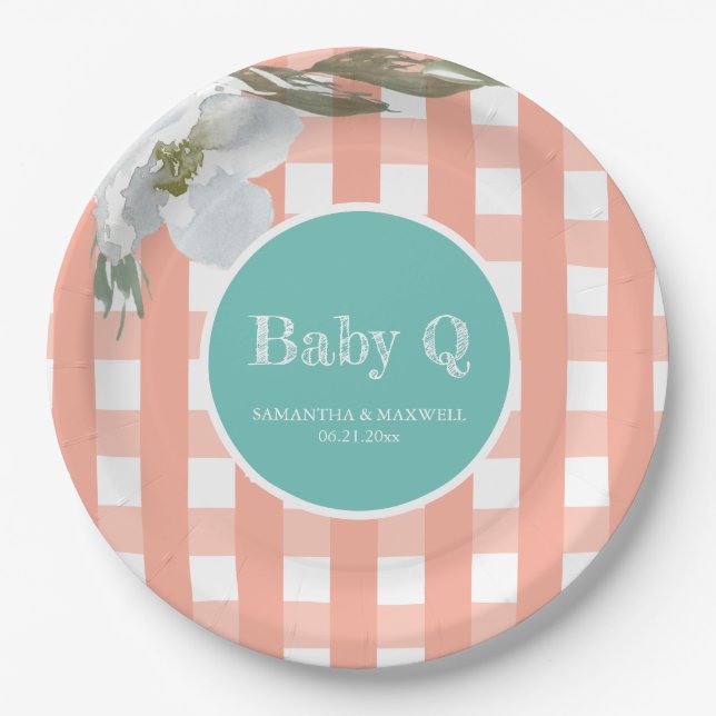 BBQ Baby Shower Watercolor Flower Paper Plate (Front)