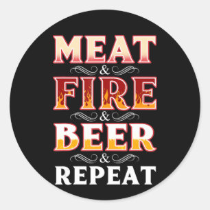 BBQ   BBQ Grill Smoking Meat Fire Beer Repeat Classic Round Sticker