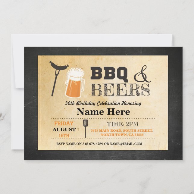 BBQ & BEER Birthday Chalk 30th 40th Any Age Invite (Front)