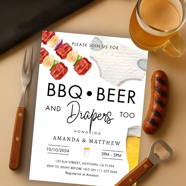 BBQ Beer, Diapers Casual Couples Shower  Invitation (BBQ, Beer, Diapers Casual Couples Shower Invitation)