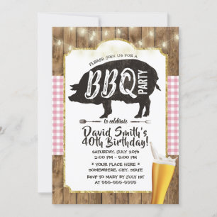 BBQ & Beer Pink Plaid String Lights Birthday Party Invitation