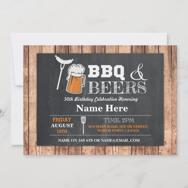 BBQ & BEERS Birthday Chalk Wood Invitation (Front)