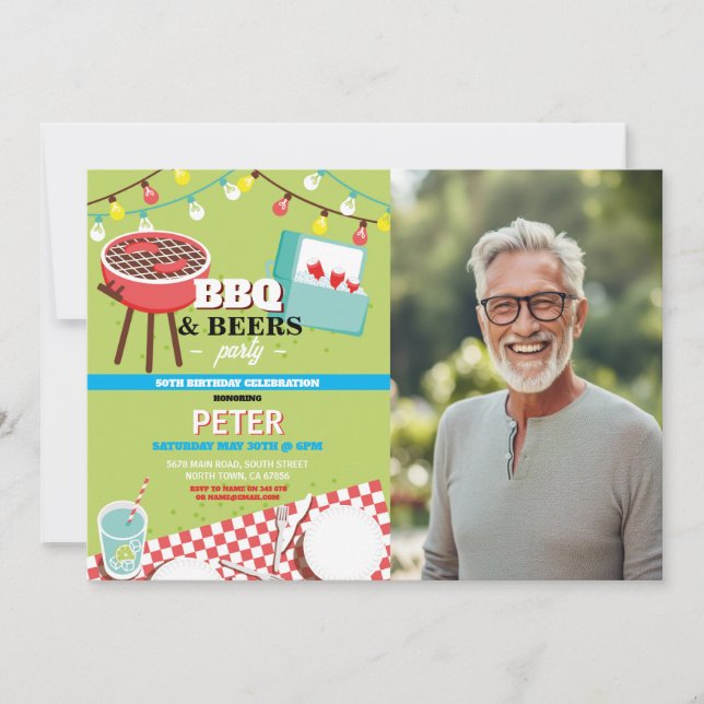 BBQ Beers Birthday Party Garden Yard Photo Invitation (Front)