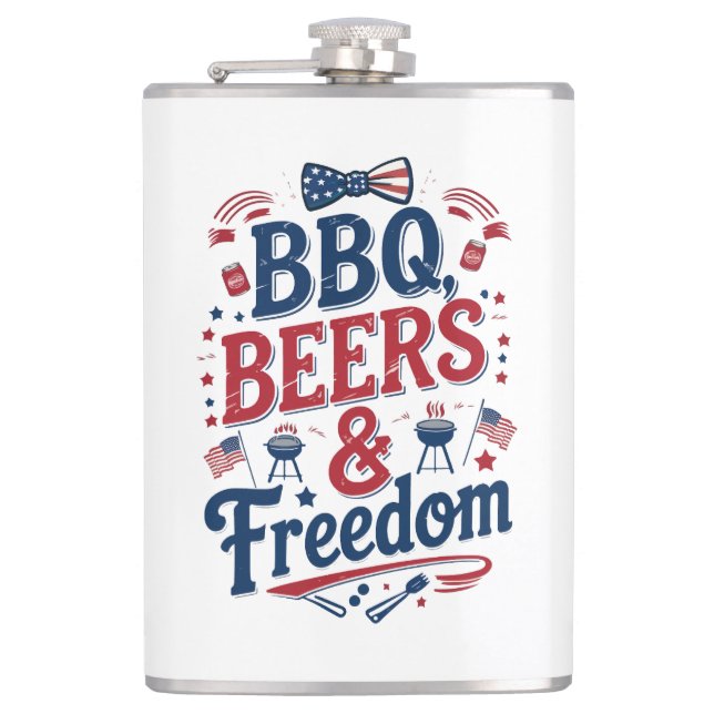 BBQ, Beers & Freedom – Retro 4th of July Vibes Hip Flask (Front)