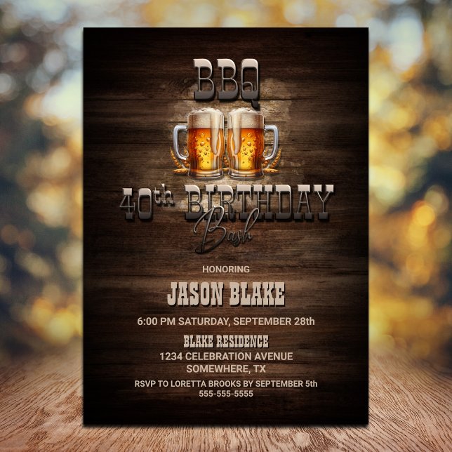 BBQ Beers Wood 40th Birthday Party Invitation (Creator Uploaded)
