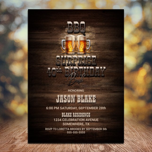 BBQ Beers Wood Surprise 40th Birthday Party Invitation (Creator Uploaded)