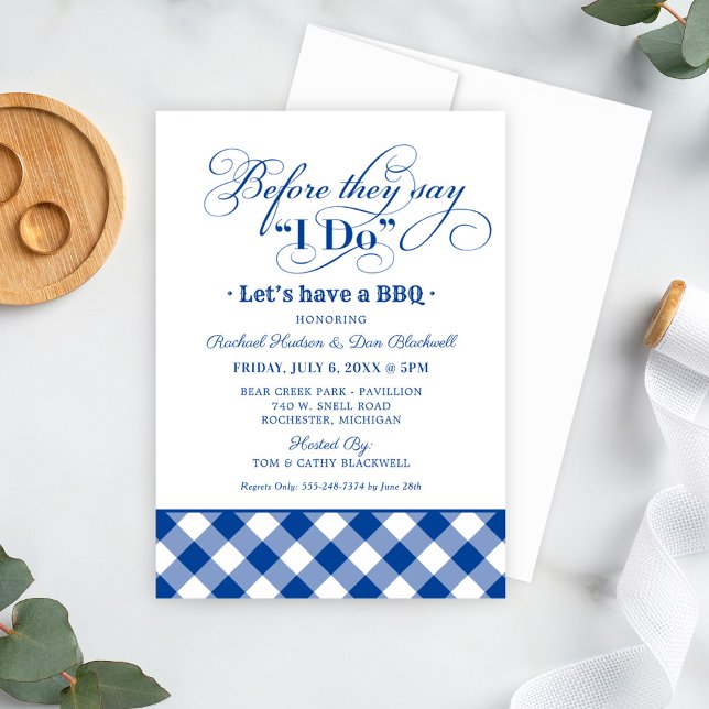 BBQ Before I Do Blue Gingham Rehearsal Dinner Invitation (Creator Uploaded)