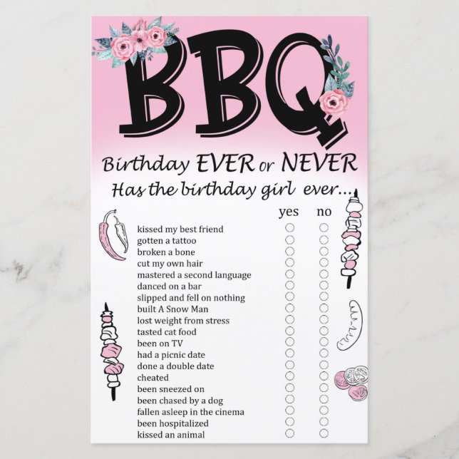 BBQ Birthday ever or never game (Front)