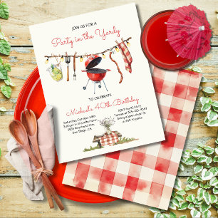 BBQ Birthday Gingham Backyard Picnic clothesline Invitation