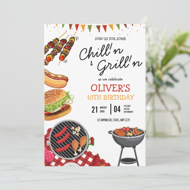 BBQ Birthday Invitation, Grilling N Chilling Party Invitation (Standing Front)