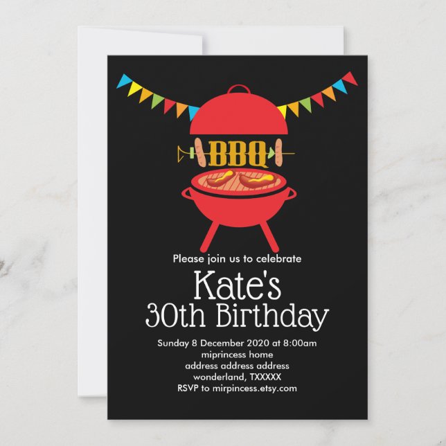 bbq birthday party, barbecue, bbq grill, invitation (Front)