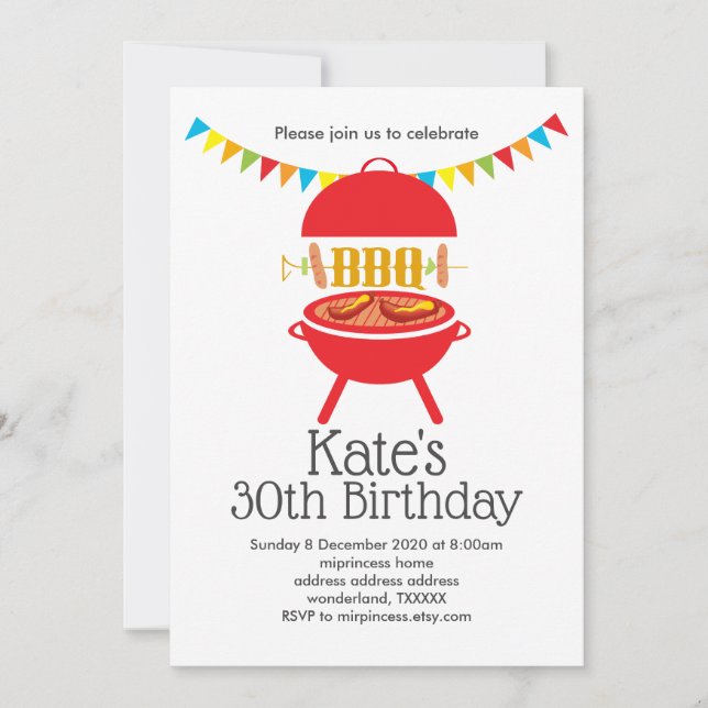 bbq birthday party, barbecue, bbq grill, invitation (Front)