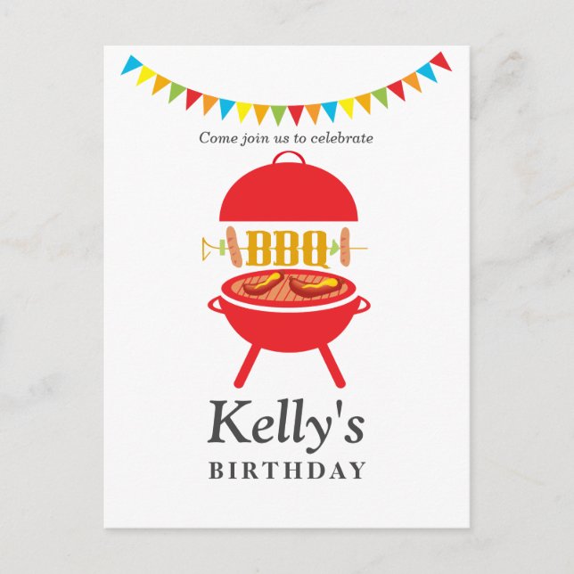 bbq birthday party, barbecue, bbq grill, invitation postcard (Front)
