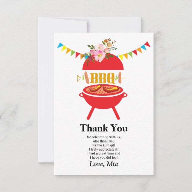 bbq birthday party, barbecue, bbq grill, thank you card (Front)