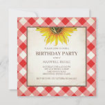 BBQ Birthday Red Gingham Print Invitation<br><div class="desc">This country Birthday BBQ invitation comes adorned with a red picnic chequered tablecloth design with a bold yellow sunflower in a unique square format. Your barbecue details are set in sans typography in a complimentary brown. The vintage paper design is carried over to the back of your invite. Perfect for...</div>