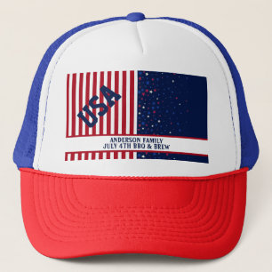 BBQ Brew USA America Stars Stripes July 4th Party Trucker Hat