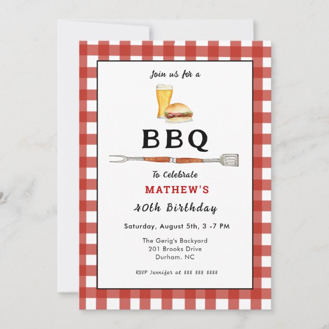  BBQ Burger & Beer Adult birthday party  Invitation (Front)