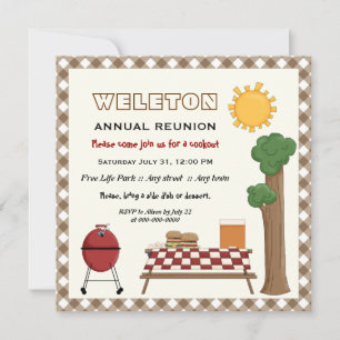 BBQ cookout family reunion, brown gingham border Invitation