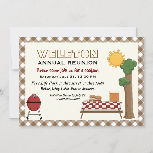 BBQ cookout family reunion, brown gingham border Invitation (Front)