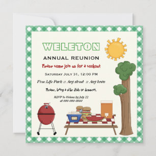 BBQ cookout family reunion, green gingham border Invitation