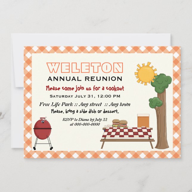 BBQ cookout family reunion, orange gingham border Invitation (Front)