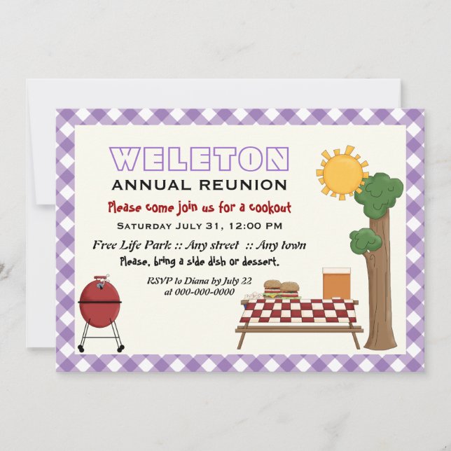 BBQ cookout family reunion, purple gingham border Invitation (Front)