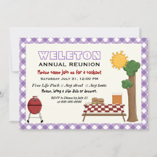 BBQ cookout family reunion, purple gingham border Invitation