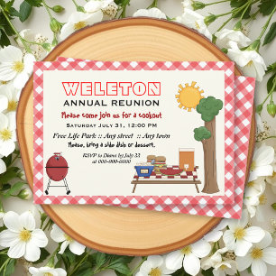 BBQ cookout family reunion, red gingham border Invitation