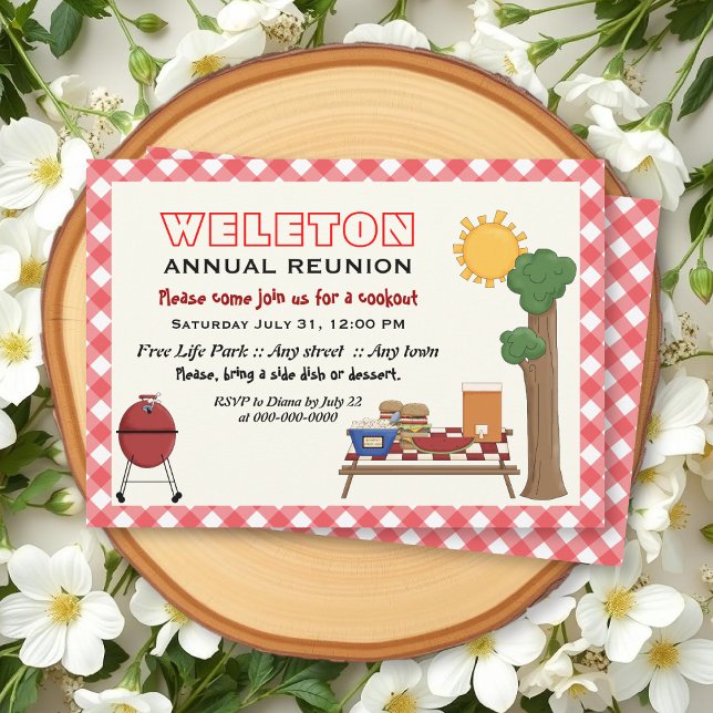 BBQ cookout family reunion, red gingham border Invitation (Creator Uploaded)