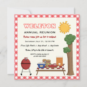 BBQ cookout family reunion, red gingham border Invitation