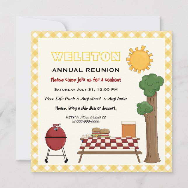 BBQ cookout family reunion, yellow gingham border Invitation (Front)