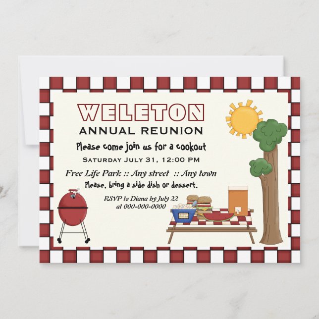 BBQ cookout picnic family reunion chequered border Invitation (Front)