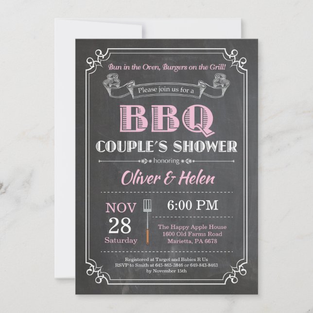 BBQ Couples Shower Invitation Chalkboard Pink (Front)