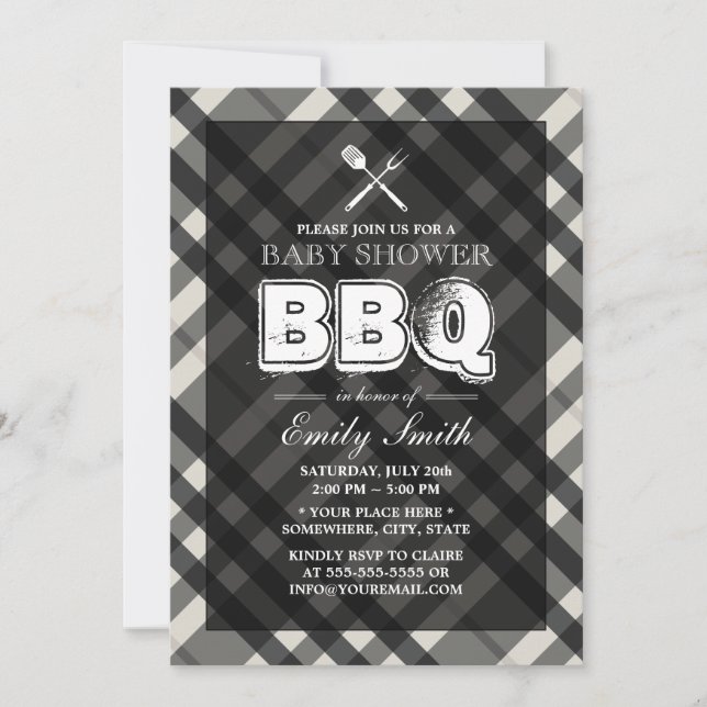 BBQ Elegant Grey Plaid Baby Shower Invitation (Front)