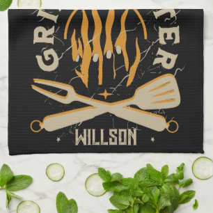 BBQ Flame Vintage Grill Typography Tea Towel