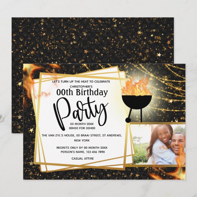 BBQ flames string lights DIY photo birthday party Invitation (Front/Back)