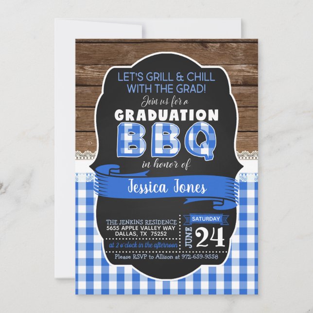 BBQ Graduation Party Invitation - Blue (Front)