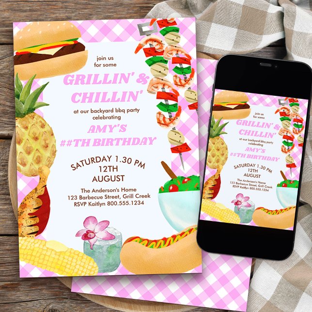 BBQ Grillin and Chillin Girls Birthday Party Invitation (grillin' and chillin' girls bbq birthday invitation)